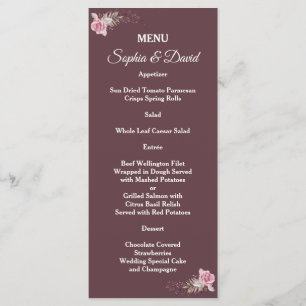 Marsala Maroon Boho Blommigt Bröllop Menu Meny
