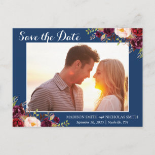 Marsala Navy Blommigt Photo Save Date Postcard Vykort