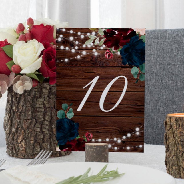 Marsala & Navy Blommigt Rustic Wood 10 Bordsnummer (Skapare uppladdad)
