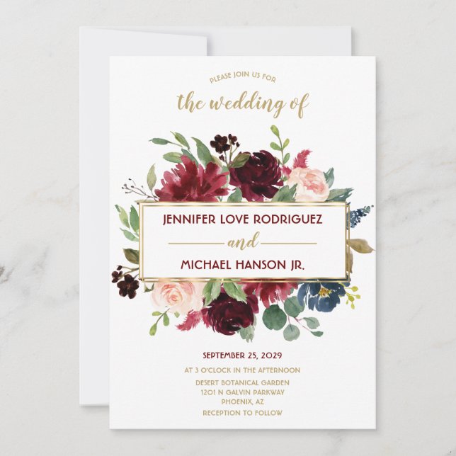 Marsala Navy Blue Guld Blommigt Bouquet Bröllop Inbjudningar (Framsida)