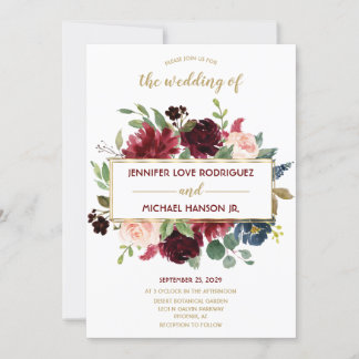 Marsala Navy Blue Guld Blommigt Bouquet Bröllop Inbjudningar