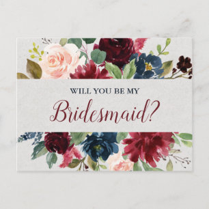 Marsala & Navy Bröllop Blommigt Bridesmaid Frieri Vykort