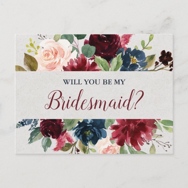 Marsala & Navy Bröllop Blommigt Bridesmaid Frieri Vykort (Framsida)