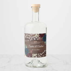 Marsala & Navy Flowers Rustic Wood Bröllop Spritflaskor Etikett