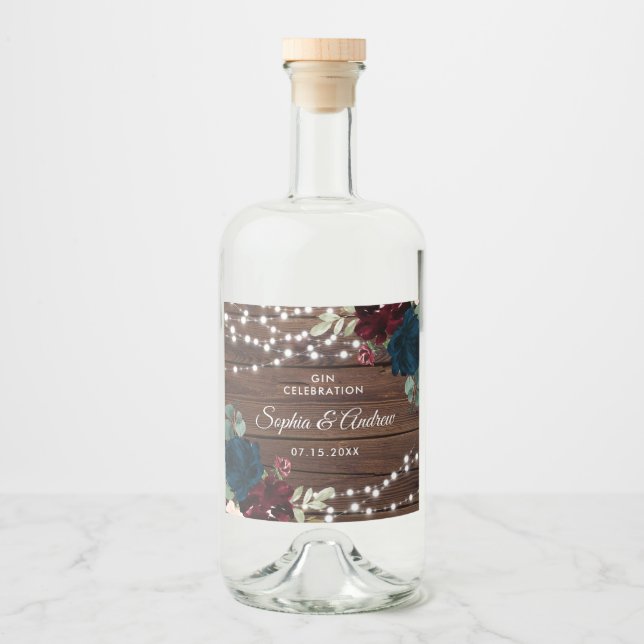 Marsala & Navy Flowers Rustic Wood Bröllop Spritflaskor Etikett (Framsida)