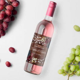 Marsala & Navy Flowers Rustic Wood Bröllop Vinflaska Etikett