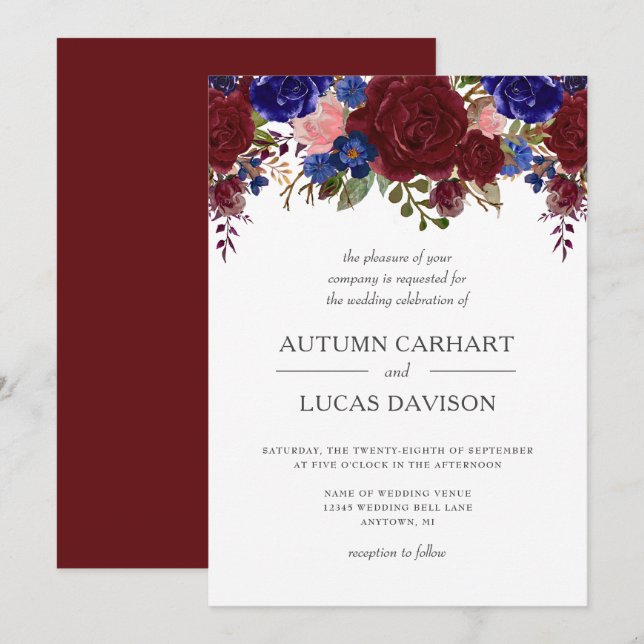 Marsala Navy Rosa Rustic Blommigt Bröllop Inbjudningar (Fram/baksida)