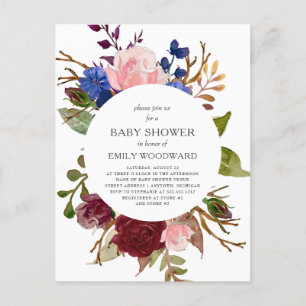 Marsala Navy Rosa Rustic Blommigt Circle Baby Show Inbjudan Vykort