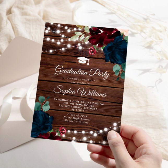 Marsala & Navy Rustic Wood Studentfest Inbjudningar (Skapare uppladdad)