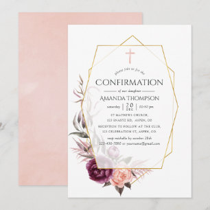 Marsala och Blommigt Geometric First Communion Inbjudningar