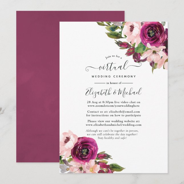 Marsala och Blush Blommig Online Bröllop Inbjudningar (Fram/baksida)