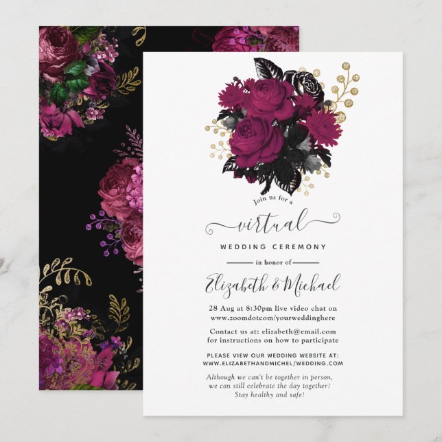 Marsala och guld blomster virtuell bröllop inbjudningar (Fram/baksida)