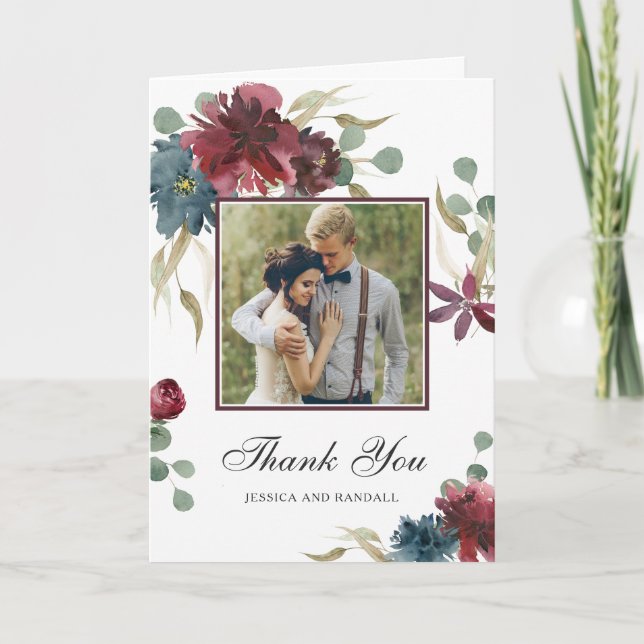 Marsala och Navy Watercolor Blommigt Photo Tack (Framsida)