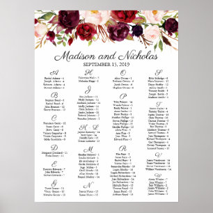 Marsala och Rosa Blommigt Alfabetiskt sittningssch Poster