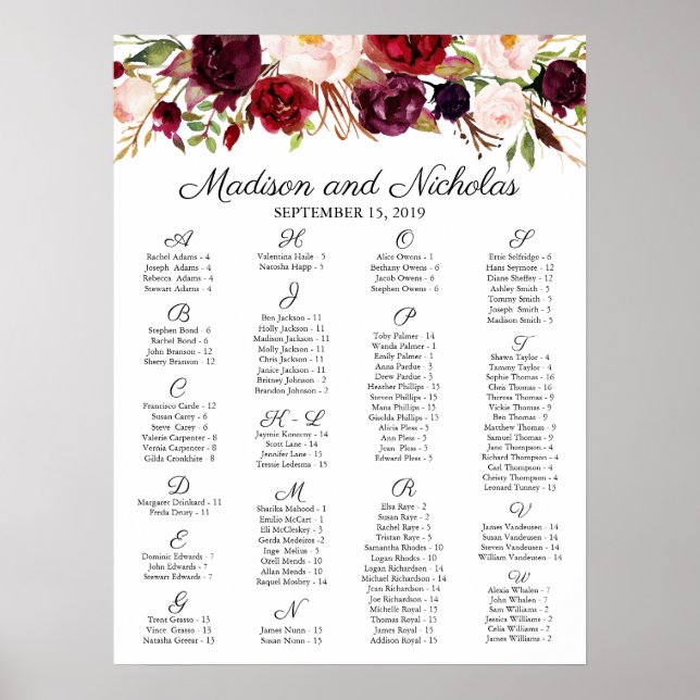 Marsala och Rosa Blommigt Alfabetiskt sittningssch Poster (Framsidan)