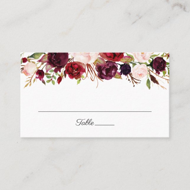 Marsala och Rosa Blommigt Bröllop Flat Place Cards Placeringskort (Framsida)