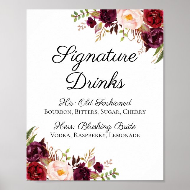 Marsala och Rosa Blommigt Namnteckning Drinks-teck Poster (Framsidan)