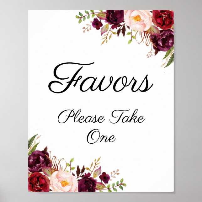 Marsala och Rosa Blommigt Wedding Favors-tecken Poster (Framsidan)