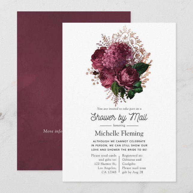 Marsala och Rose Gold Blommig Bröllopsfest genom P Inbjudningar (Fram/baksida)