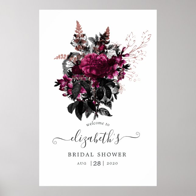 Marsala och Rose Gold Blommig Bröllopsfest Välkomm Poster (Framsidan)