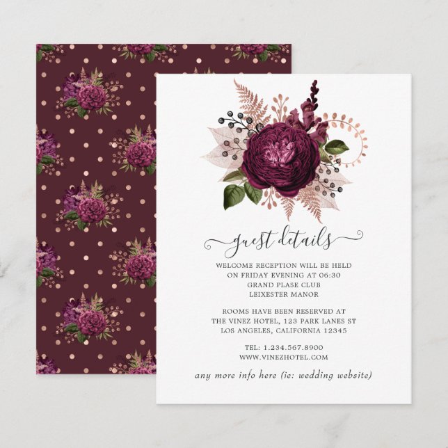 Marsala och Rose Gold Blommig Bröllopsgäst Informa Tilläggskort (Fram/baksida)