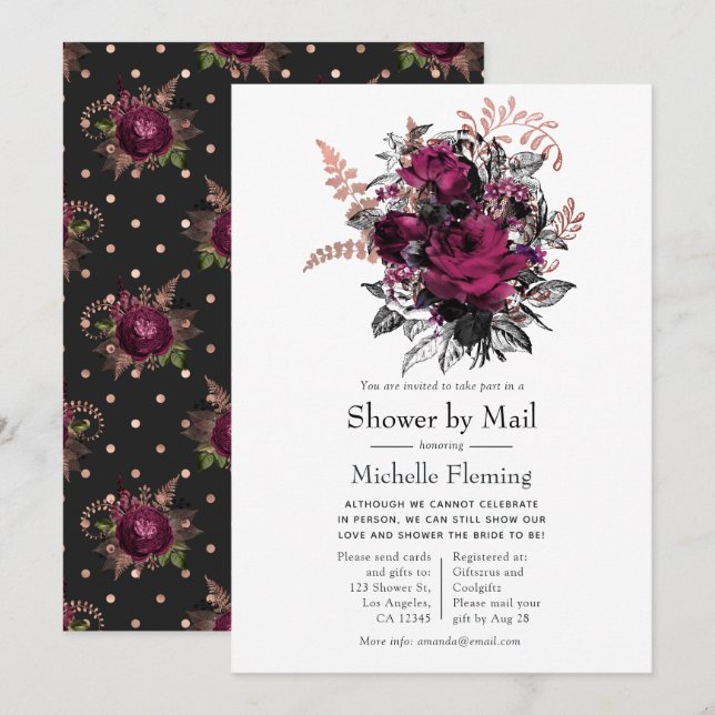 Marsala och Rose Gold Blommig Shower via Post Inbjudningar (Fram/baksida)
