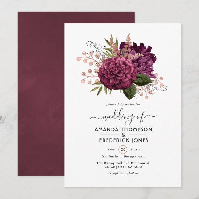 Marsala och Rose Gold Blommig Vintage Bröllop Inbjudningar (Fram/baksida)