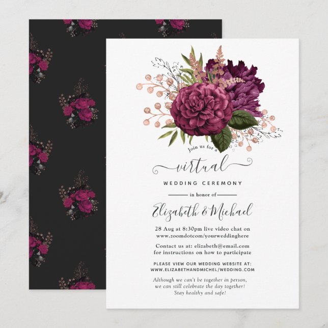 Marsala och Rose Gold Blommig Virtuell Bröllop Inbjudningar (Fram/baksida)