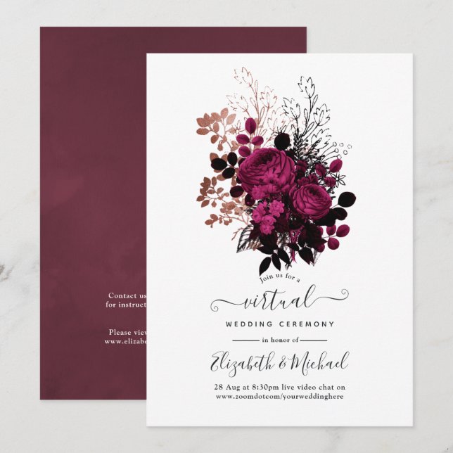 Marsala och Rose Gold Blommig Virtuell Bröllop Inbjudningar (Fram/baksida)