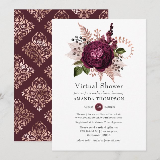 Marsala och Rose Gold Blommig Virtuell Dusch Inbjudningar (Fram/baksida)