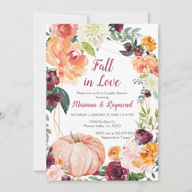 Marsala Orange Pumpkin Fall in Kärlek Par Shower Inbjudningar (Framsida)