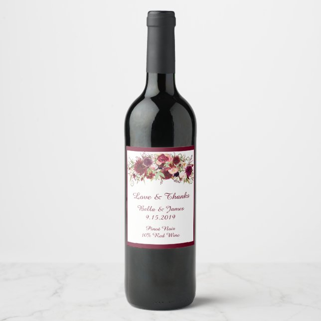 Marsala Red Blommigt Boho Bröllop Vin-etiketter Vinflaska Etikett (Framsida)