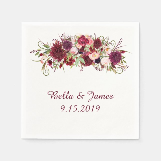 Marsala Red Blommigt Bröllop Collection Napkins Pappersservett (Framsidan)