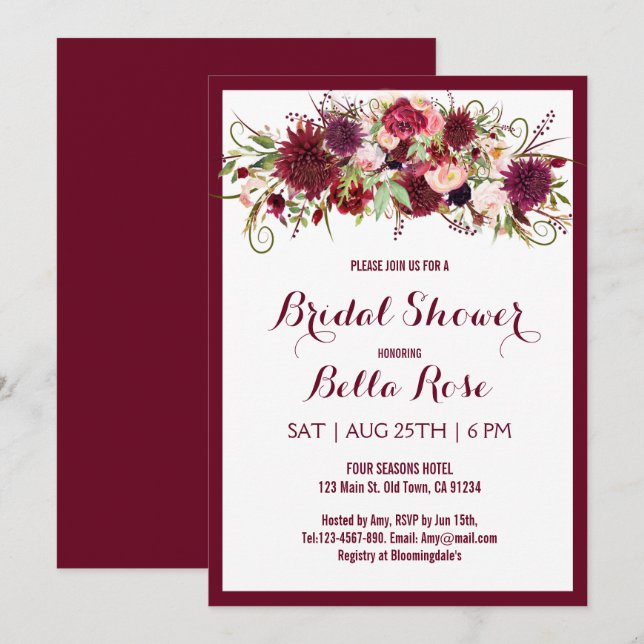 Marsala Red Burgundy Blommigt Möhippa Card Inbjudningar (Fram/baksida)