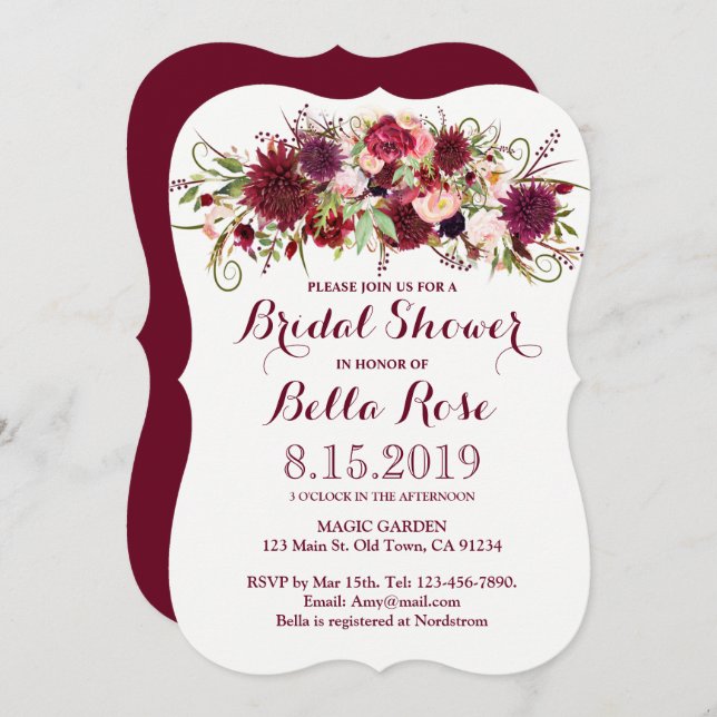Marsala Red Burgundy Blommigt Möhippa Inbjudan (Fram/baksida)
