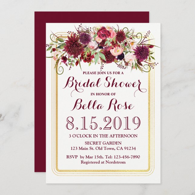 Marsala Red Burgundy Guld Möhippa Inbjudan (Fram/baksida)