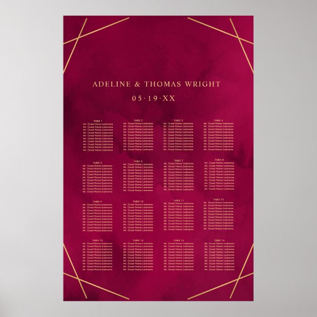 Marsala Red Burgundy Modern Bröllop-sätet Poster (Framsidan)