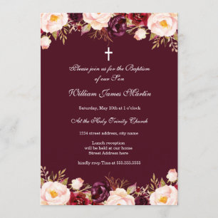 Marsala Red Burgundy Watercolor Blommigt Baptism Inbjudningar