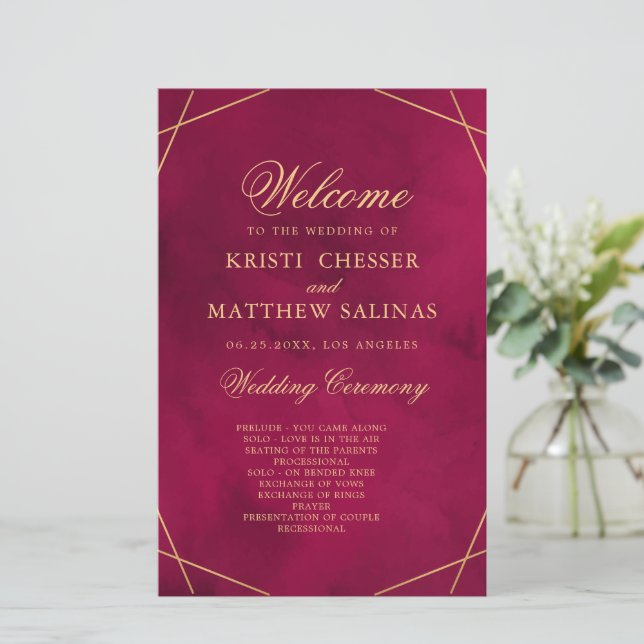 Marsala Red Modern Watercolor Wedding Program Card (Stående Fram)