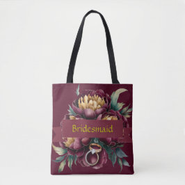 Marsala Red och Guld Peony Bridesmaid Favor Gift Tygkasse