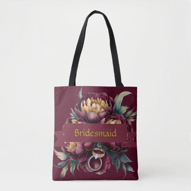 Marsala Red och Guld Peony Bridesmaid Favor Gift Tygkasse (Framsida)