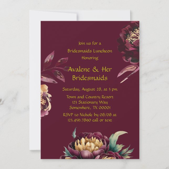 Marsala Red och Guld Peony Bridesmaids Luncheon Inbjudningar (Framsida)