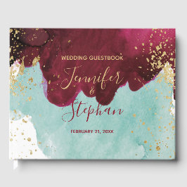 Marsala Red Teal Watercolor Guld Bröllop Guestbook Gästböcker