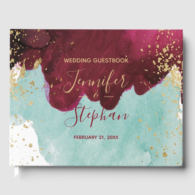 Marsala Red Teal Watercolor Guld Bröllop Guestbook Gästböcker (Framsida)