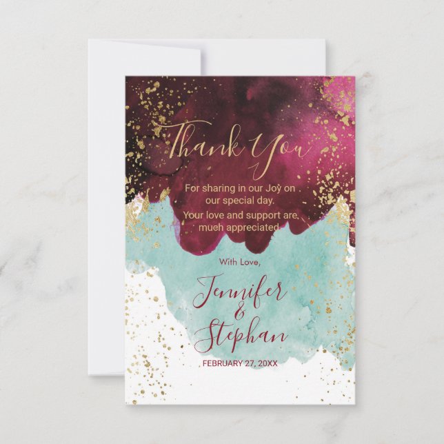 Marsala Red Teal Watercolor Guld Stänk Tack (Framsida)
