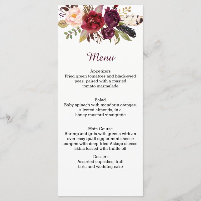 Marsala Red Vit ros Boho Feathers Menu Meny (Framsida)