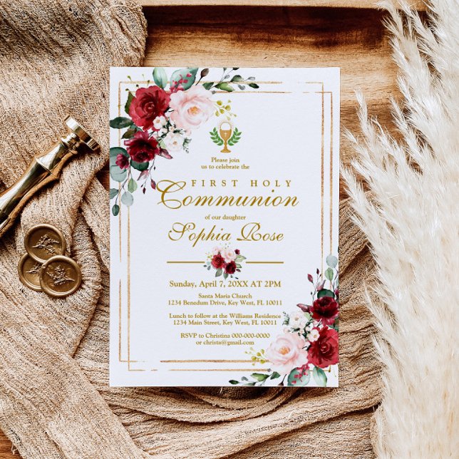 Marsala Ro & Guld Chalice First Heliga Communion Inbjudningar (Skapare uppladdad)