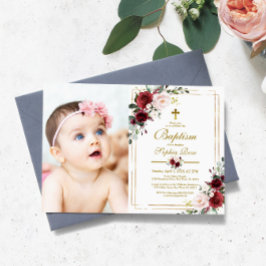 Marsala Ro & Guld Ram Photo Girl Baptism Inbjudningar