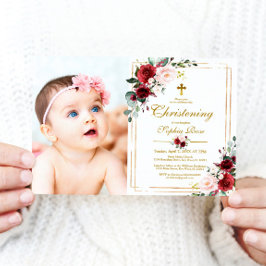Marsala Ro & Guld Ram Photo Girl Christening Inbjudningar