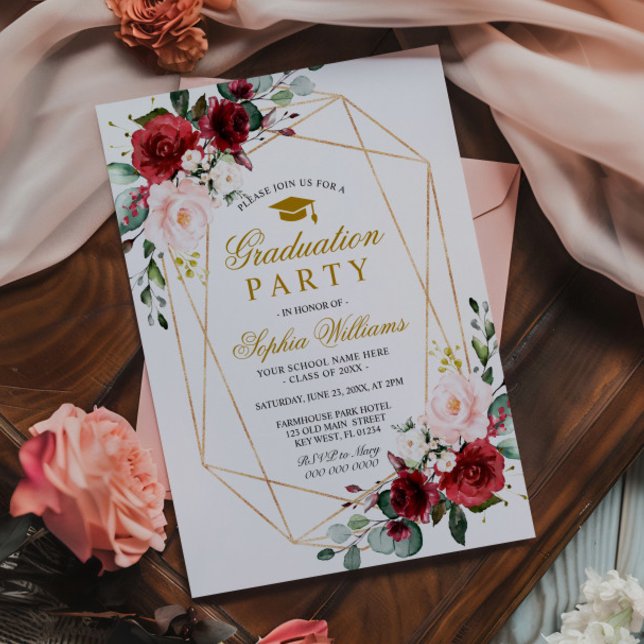 Marsala Ro Studentfest  Girly Blommigt Inbjudningar (Skapare uppladdad)